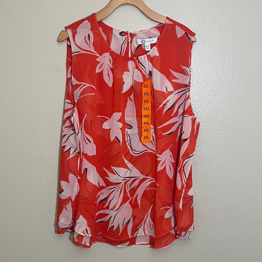 NWT Cristina B Cherry Tomato Red White Floral Sleeveless Semi-Sheer Blouse - Picture 2 of 11